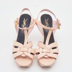 Saint Laurent Beige Patent Leather Tribute Ankle Strap Platform Sandals Size 39.5
