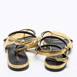 Pre Owned Saint Laurent Gold Leather Strappy Ankle Wrap Flat Sandals Size 35.5