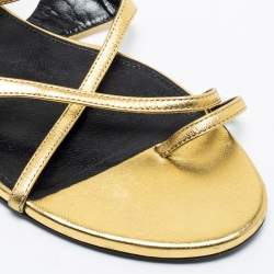 Pre Owned Saint Laurent Gold Leather Strappy Ankle Wrap Flat Sandals Size 35.5