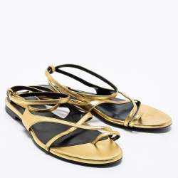 Pre Owned Saint Laurent Gold Leather Strappy Ankle Wrap Flat Sandals Size 35.5