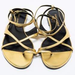 Pre Owned Saint Laurent Gold Leather Strappy Ankle Wrap Flat Sandals Size 35.5