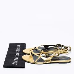 Pre Owned Saint Laurent Gold Leather Strappy Ankle Wrap Flat Sandals Size 35.5