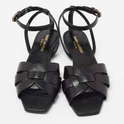 Pre Owned Saint Laurent Black Leather Tribute Flat Sandals Size 37