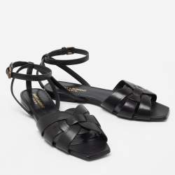 Pre Owned Saint Laurent Black Leather Tribute Flat Sandals Size 37