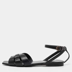 Pre Owned Saint Laurent Black Leather Tribute Flat Sandals Size 37