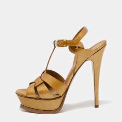 Saint Laurent Mustard Textured Patent Leather Tribute Platform Sandals Size 37