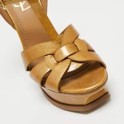 Saint Laurent Mustard Textured Patent Leather Tribute Platform Sandals Size 37