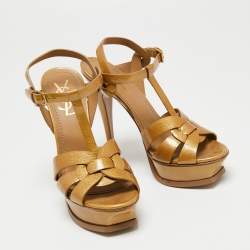 Saint Laurent Mustard Textured Patent Leather Tribute Platform Sandals Size 37