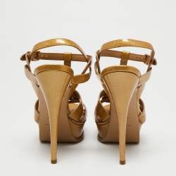 Saint Laurent Mustard Textured Patent Leather Tribute Platform Sandals Size 37