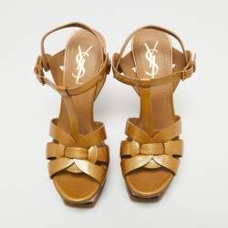 Saint Laurent Mustard Textured Patent Leather Tribute Platform Sandals Size 37