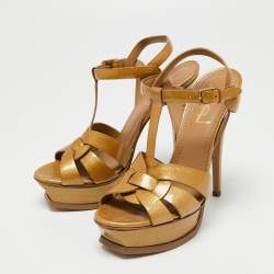 Saint Laurent Mustard Textured Patent Leather Tribute Platform Sandals Size 37