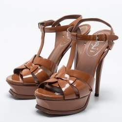 Pre Owned Saint Laurent Brown Patent Leather Tribute Platform Sandals Size 37