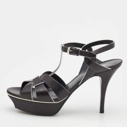 Pre Owned Saint Laurent Black/White Leather Tribute Platform Sandals Size 39