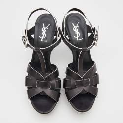 Pre Owned Saint Laurent Black/White Leather Tribute Platform Sandals Size 39