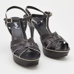 Pre Owned Saint Laurent Black/White Leather Tribute Platform Sandals Size 39