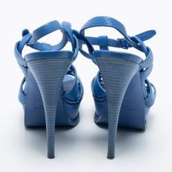 Pre Owned Saint Laurent Blue Leather Tribute Ankle Sandals Size 38