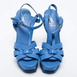 Pre Owned Saint Laurent Blue Leather Tribute Ankle Sandals Size 38