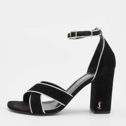 Saint Laurent Black/Silver Suede and Leather Ankle Strap Sandals Size 37.5