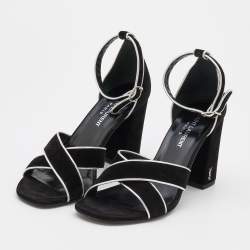 Saint Laurent Black/Silver Suede and Leather Ankle Strap Sandals Size 37.5