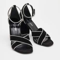 Saint Laurent Black/Silver Suede and Leather Ankle Strap Sandals Size 37.5