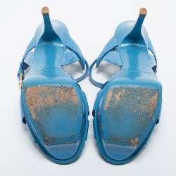 Pre Owned Saint Laurent Light Blue Patent Leather Tribute Sandals Size 38