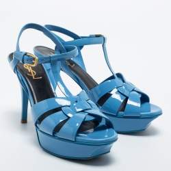 Pre Owned Saint Laurent Light Blue Patent Leather Tribute Sandals Size 38