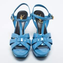 Pre Owned Saint Laurent Light Blue Patent Leather Tribute Sandals Size 38