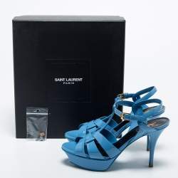 Pre Owned Saint Laurent Light Blue Patent Leather Tribute Sandals Size 38