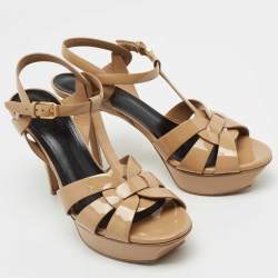 Pre Owned Saint Laurent Beige Patent Leather Tribute Sandals Size 39