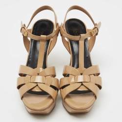 Pre Owned Saint Laurent Beige Patent Leather Tribute Sandals Size 39