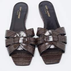 Pre Owned Saint Laurent Brown/Black Croc Embossed Leather Tribute Flats Size 40