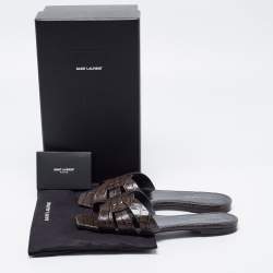 Pre Owned Saint Laurent Brown/Black Croc Embossed Leather Tribute Flats Size 40