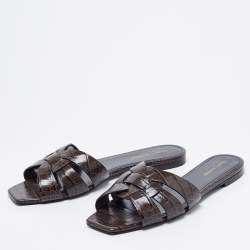 Pre Owned Saint Laurent Brown/Black Croc Embossed Leather Tribute Flats Size 40