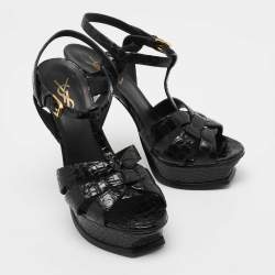 Pre Owned Saint Laurent Black Croc Embossed Leather Tribute Sandals Size 37
