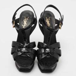 Pre Owned Saint Laurent Black Croc Embossed Leather Tribute Sandals Size 37