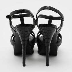 Pre Owned Saint Laurent Black Croc Embossed Leather Tribute Sandals Size 37