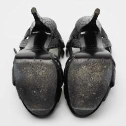 Pre Owned Saint Laurent Black Croc Embossed Leather Tribute Sandals Size 37