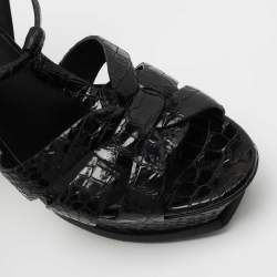 Pre Owned Saint Laurent Black Croc Embossed Leather Tribute Sandals Size 37