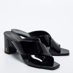 Pre Owned Saint Laurent Black Patent Leather Loulou Slide Sandals Size 38.5