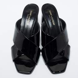 Pre Owned Saint Laurent Black Patent Leather Loulou Slide Sandals Size 38.5