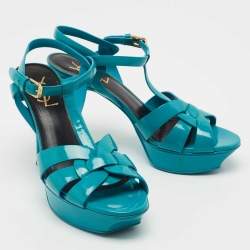 Saint Laurent Turquoise Patent Leather Tribute Sandals Size 38