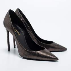 Pre Owned Saint Laurent Dark Brown Laminated Suede Anja Pumps Size 37.5