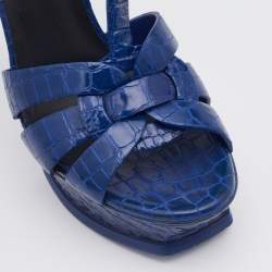 Saint Laurent Blue Croc Embossed Leather Tribute Platform Sandals Size 38