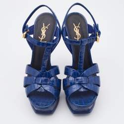 Saint Laurent Blue Croc Embossed Leather Tribute Platform Sandals Size 38