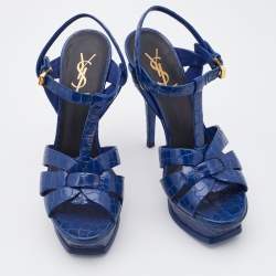 Saint Laurent Blue Croc Embossed Leather Tribute Platform Sandals Size 38