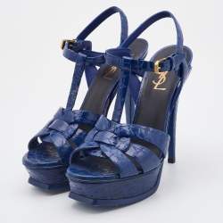 Saint Laurent Blue Croc Embossed Leather Tribute Platform Sandals Size 38