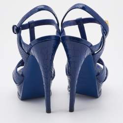 Saint Laurent Blue Croc Embossed Leather Tribute Platform Sandals Size 38