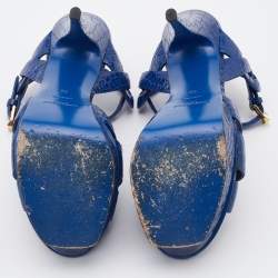 Saint Laurent Blue Croc Embossed Leather Tribute Platform Sandals Size 38