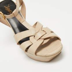 Pre Owned Saint Laurent Paris Cream Croc Embossed Leather Tribute  Sandals Size 39