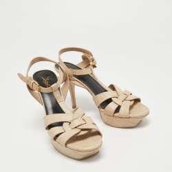 Pre Owned Saint Laurent Paris Cream Croc Embossed Leather Tribute  Sandals Size 39